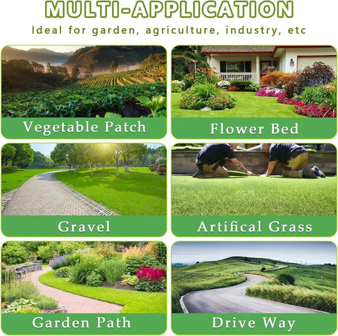 Illustration showing uses for Heavy Duty Landscape Fabric Weed Barrier: vegetable patch, flower bed, gravel, artificial grass, garden path, drive way.