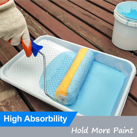18 Piece 9 Inch Paint Roller Covers Kit With Dense Three Eighth Inch Nap shown soaking paint in tray