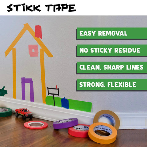 Green Painters Tape 8 Pack, 1 Inch By 60 Yards ideal for sharp edges, trim and ceilings, shown in vibrant colors on wall art