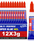 Front view of 12 x 3g Multi-Purpose Super Glue Gel tubes with red caps in blue-and-red packaging.