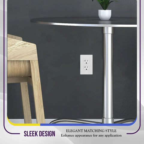 Screwless Duplex Wall Plates 1 Gang Receptacle Covers White Glossy Finish Durable Polycarbonate Thermoplastic Unbreakable Child Safe UL Listed 4.68 By 2.93 Inches Pack Of 5 in a modern room setting with a table and chair.