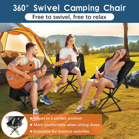 Group enjoying Lightweight Portable Folding Camping Chair With 360 Degree Rotation at a campsite, easy setup and carry.