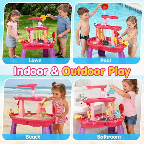 Children playing with 3 Tier Water And Sand Table With Pump For Toddlers To Kids Ages 1 To 8 Outdoor Backyard Splash Play Set in various settings.