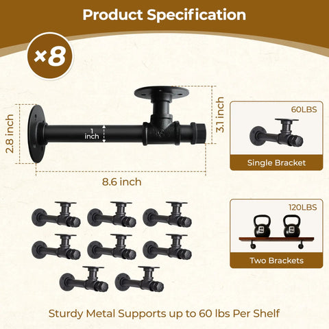 Dope Industrial Black Iron Wall Mount Pipe Shelving Bracket Rustic Decor For Eight To Sixteen Inches Wood Floating Shelves With All Accessories Included Eight Pack Easy DIY Install For Any Home