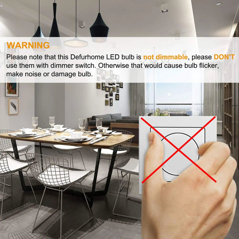 Warning notice about using Vintage Edison Style LED Filament Bulbs 60W Equivalent 4000K Daylight White in a non-dimmable setting.