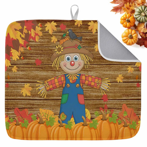 Fall Thanksgiving Dish Drying Mat For Kitchen Counter 16 By 18 Inches Orange Pumpkin Maple Leaves Wood Grain Design