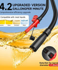 No Nonsense Portable Fuel Transfer Pump With Auto Stop And Quick Wand For Gasoline And Diesel showing 4.2 GPM flow and compatibility with liquids.