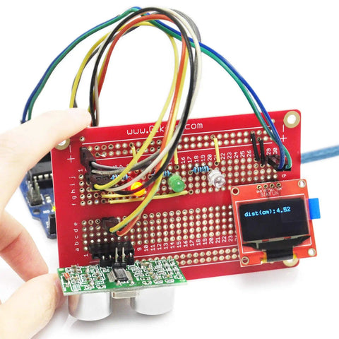 Red gold plated solderable breadboard proto board for Arduino and Raspberry Pi projects, with wires and components, pack of five GK1007.