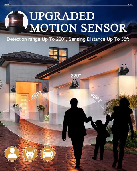 House exterior with Six Pack Outdoor Wall Lights With GFCI Outlet Dope Dusk To Dawn Waterproof Exterior Sconce, showing motion sensor range.