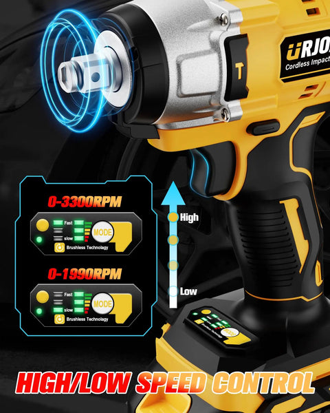 Cordless Impact Wrench 800Nm High Torque Beefy Brushless Motor 1/2 Inch Drive 3300 RPM speed control display