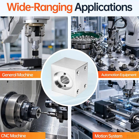 Heavy Duty T6 Lead Screw Nut Housing Bracket Mount Holder Block Assembly shown in automation equipment setup.