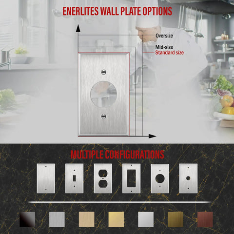 Heavy Duty Metal Wall Plate For 1.406 Inch Single Receptacle 1 Gang Corrosion Resistant 430 Stainless Steel UL Listed 4.50 By 2.76 Inches Silver Color 10 Pack Tough As Nails, shown in standard size configuration