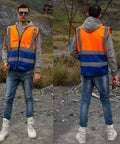 Hi Vis Safety Vests With Pockets Pack Of 10 For Outdoor Work Cycling Running Walking And Sports Reflective Vests For Men And Women 2XL Mix Orange Blue ANSI ISEA 107 2015 Compliant worn by model front and back view
