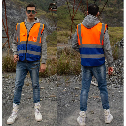 Hi Vis Safety Vests With Pockets Pack Of 10 For Outdoor Work Cycling Running Walking And Sports Reflective Vests For Men And Women 2XL Mix Orange Blue ANSI ISEA 107 2015 Compliant worn by model front and back view