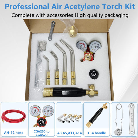 Air Acetylene Torch Kit 11-Piece Set For Soldering And Brazing With Regulator, G-4 Handle, AH-12 Hose, A-3 A-5 A-11 A-14 Tips