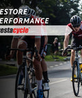 Cyclists racing on road with text overlay 'Restore Performance Prestacycle' promoting cycling accessories and tools.