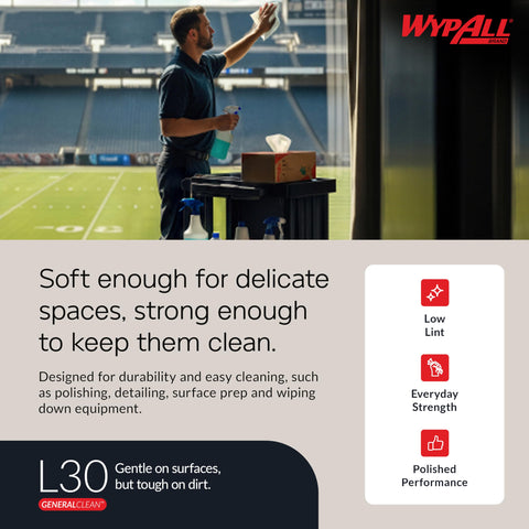 Person cleaning stadium glass using L30 Heavy Duty Cleaning Cloths Wipes With Cloth Like Soft Feel And Tough On Grime Absorbency White Pop Up