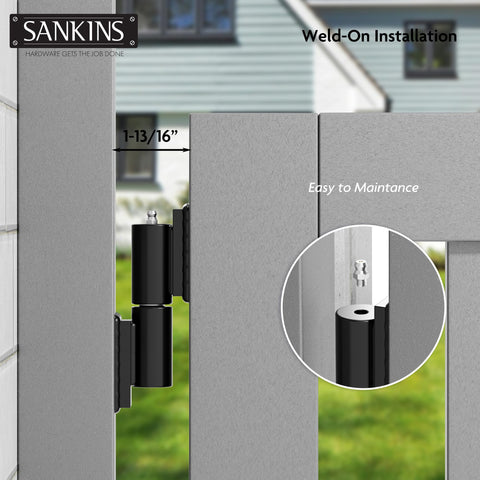 Close-up of Heavy Duty 5 Inch Weld On Gate Hinges 450lbs Capacity For Outdoor Gates And Trailers by SANKINS installed on a gate.