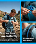2 Pack Go To Hydration Reservoir Hose Replacement for Water Bladders, shown in use with backpack during outdoor activity.