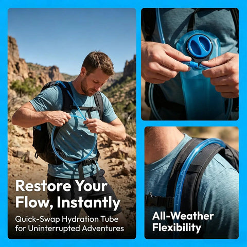 2 Pack Go To Hydration Reservoir Hose Replacement for Water Bladders, shown in use with backpack during outdoor activity.