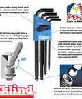 Ball End Hex Key Set Nine Piece Metric MM Sizes 1.5 To 10 Long Series For Deep Access Allen Wrenches For Tight Spaces Made In USA Industrial Grade Hand Tool Kit with blue holder and illustrations of use