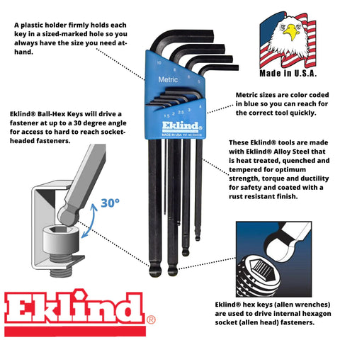 Ball End Hex Key Set Nine Piece Metric MM Sizes 1.5 To 10 Long Series For Deep Access Allen Wrenches For Tight Spaces Made In USA Industrial Grade Hand Tool Kit with blue holder and illustrations of use