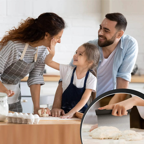 Family baking with a stainless steel bench scraper featuring 1 to 6 inch measurement marks for even dough portions and pizza cutting.