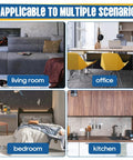 Image showcasing multiple living scenarios: living room with couch, office setup, cozy bedroom, and modern kitchen.