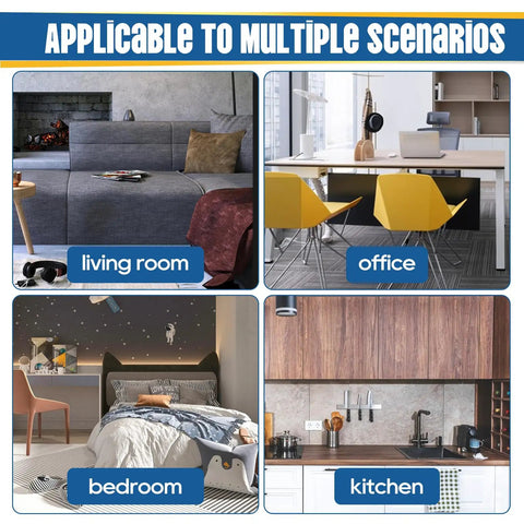 Image showcasing multiple living scenarios: living room with couch, office setup, cozy bedroom, and modern kitchen.