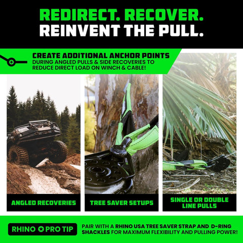 Heavy Duty Snatch Block For Winch Recovery 13.5 Ton Pulley With Aerospace Polymer Sheave And Powder Coated Drop Forged Steel Frame Built Tough For Synthetic Rope And Steel Cable Up To Three Eighths Inch American Owned Family Operated, angled recovery use
