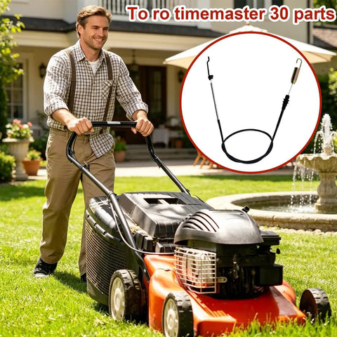 Man mowing lawn with orange mower; inset shows throttle cable for push mower replacement universal ABS fit 30 inch lawn mower parts