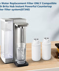 Two Pack Replacement Water Filters For Hub Countertop Water Filter System with filter unit and glass of water