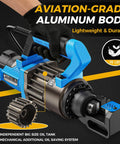 Close-up of 1000W Electric Hydraulic Rebar Cutter Slays 5/8 Inch Steel Bar Fast With Replaceable Jaw Blades, featuring aluminum body and detailed oil tank.