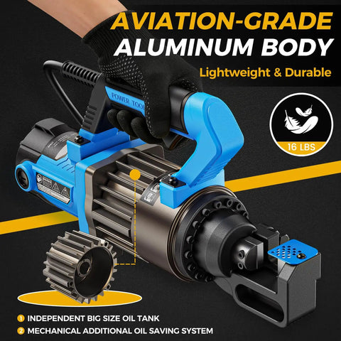 Close-up of 1000W Electric Hydraulic Rebar Cutter Slays 5/8 Inch Steel Bar Fast With Replaceable Jaw Blades, featuring aluminum body and detailed oil tank.