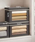 Dark Grey 3 Pack Fabric Storage Bins With Lid And Peek Window Collapsible Closet Organizers Tough Handle Crates For Stashing All Your Junk Keeps Your Room Snug As A Bug stacked with folded clothes in a closet