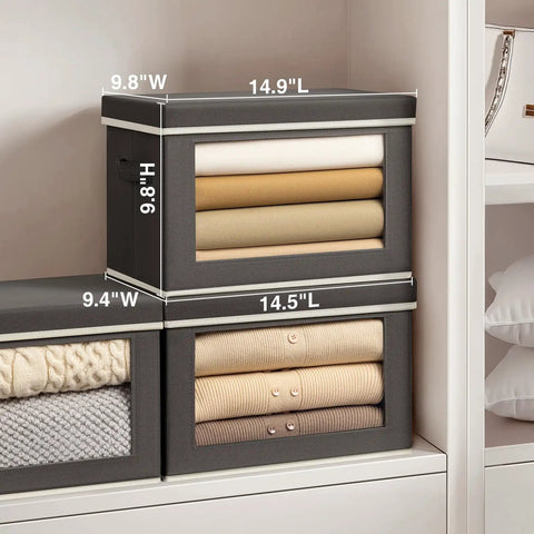 Dark Grey 3 Pack Fabric Storage Bins With Lid And Peek Window Collapsible Closet Organizers Tough Handle Crates For Stashing All Your Junk Keeps Your Room Snug As A Bug stacked with folded clothes in a closet