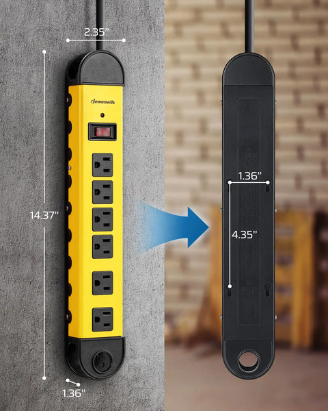 Heavy Duty 6 Outlets Power Strip Surge Protector With 15 Foot Cord UL Listed 900 Joules Flat Plug Low Profile Wall Mountable 15A Breaker 14AWG Cable Great For Home Office Garage showing front and back view with dimensions.