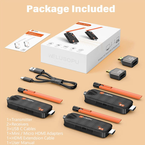 Wireless HDMI Transmitter With Two Receivers And Up To Six Displays Simultaneously 165 Feet 5.8GHz Range package contents