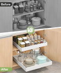 2 Pack Expandable Pull Out Cabinet Organizers With No Drill Slide Out Drawers Custom Width Setup Fits Standard Spaces And Easily Holds Pots Pans Bowls With Zero Fuss Thanks To Super Smooth Steel Glide Rails in a before and after comparison.