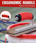 Pro Grade Drywall Finish Trowel with Stainless Steel Blade and Ergonomic Grip on a bucket, precise edging tool