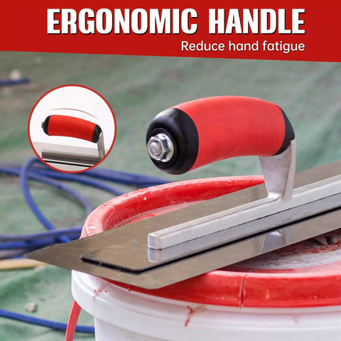 Pro Grade Drywall Finish Trowel with Stainless Steel Blade and Ergonomic Grip on a bucket, precise edging tool