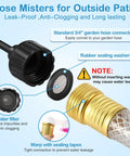 Diagram of 60 Inch Outdoor Hose Mister showing leak-proof 3/4 inch connector, water filter, sealing tapes and washers for patio use.