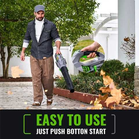 Man using Cordless 60V Electric Leaf Blower With 810 CFM And Variable Speed, Includes 2.5Ah Battery And Charger to clear leaves