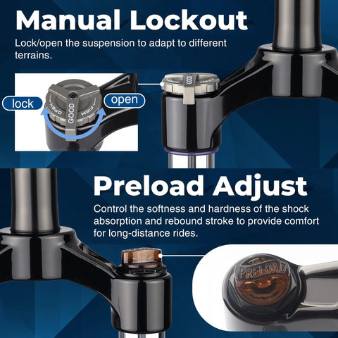 Lightweight Aluminum Front Fork For Mountain Bikes With Air Suspension 26 Inch One And One Eighth Straight Threadless Steerer Twenty Eight Point Six Millimeter Disc Brake Ready Durable Alloy Suspension Fork For Trail And Cross Country Rides showing manual lockout and preload adjust features