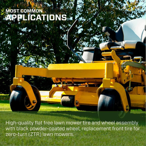 Universal Fit Flat Free Tire And Wheel Assembly For Zero Turn Mowers 11x4.00-5 on yellow lawn mower, side view on grass