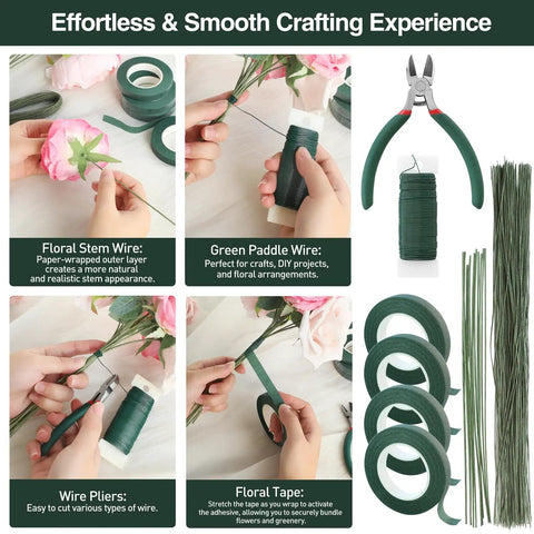 Image of All In One Flower Wire And Tape Kit showing floral tape, wires, and cutter for DIY crafting and flower arrangements.