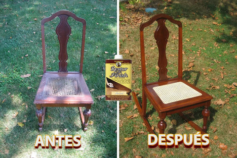 Before and after of a restored wooden chair using Straight Up The Ultimate Wood Finish Restorer, No Sweat Furniture Polish That Knocks Out Scratches Like A Champ, Top Shelf Hardwood Care In Golden Oak, 8 Oz Bottle.
