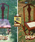 Before and after of a restored chair using Neutral Wood Finish Restorer Top Shelf Furniture Polish That Slides Right Over Scratches And Scuffs Quick Dry Formula 8 Oz Jar Makes Refinishing Projects A No Sweat Win For Savvy DIY Homeowners.