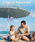 Rechargeable Battery Operated Stroller Fan Clip On for beach umbrella with family playing in sand at seaside