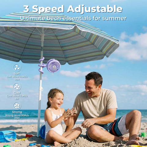 Rechargeable Battery Operated Stroller Fan Clip On for beach umbrella with family playing in sand at seaside